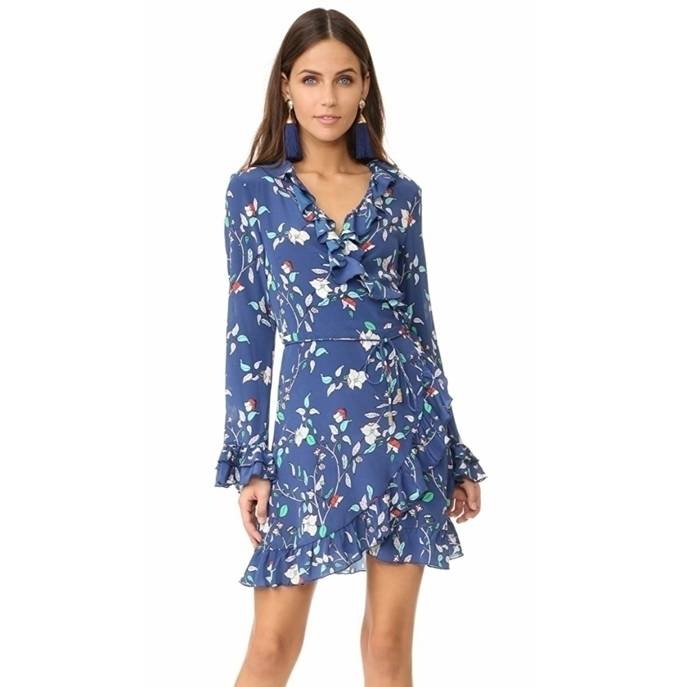 Paloma Blue Fiesta Wrap Silk Long Sleeve Mini Dress L